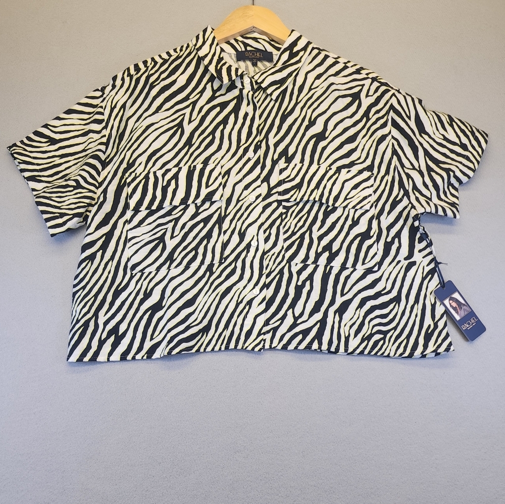 RACHEL Rachel Roy Zebra Print Cropped Button Down Shirt NWT Large Yellow Black